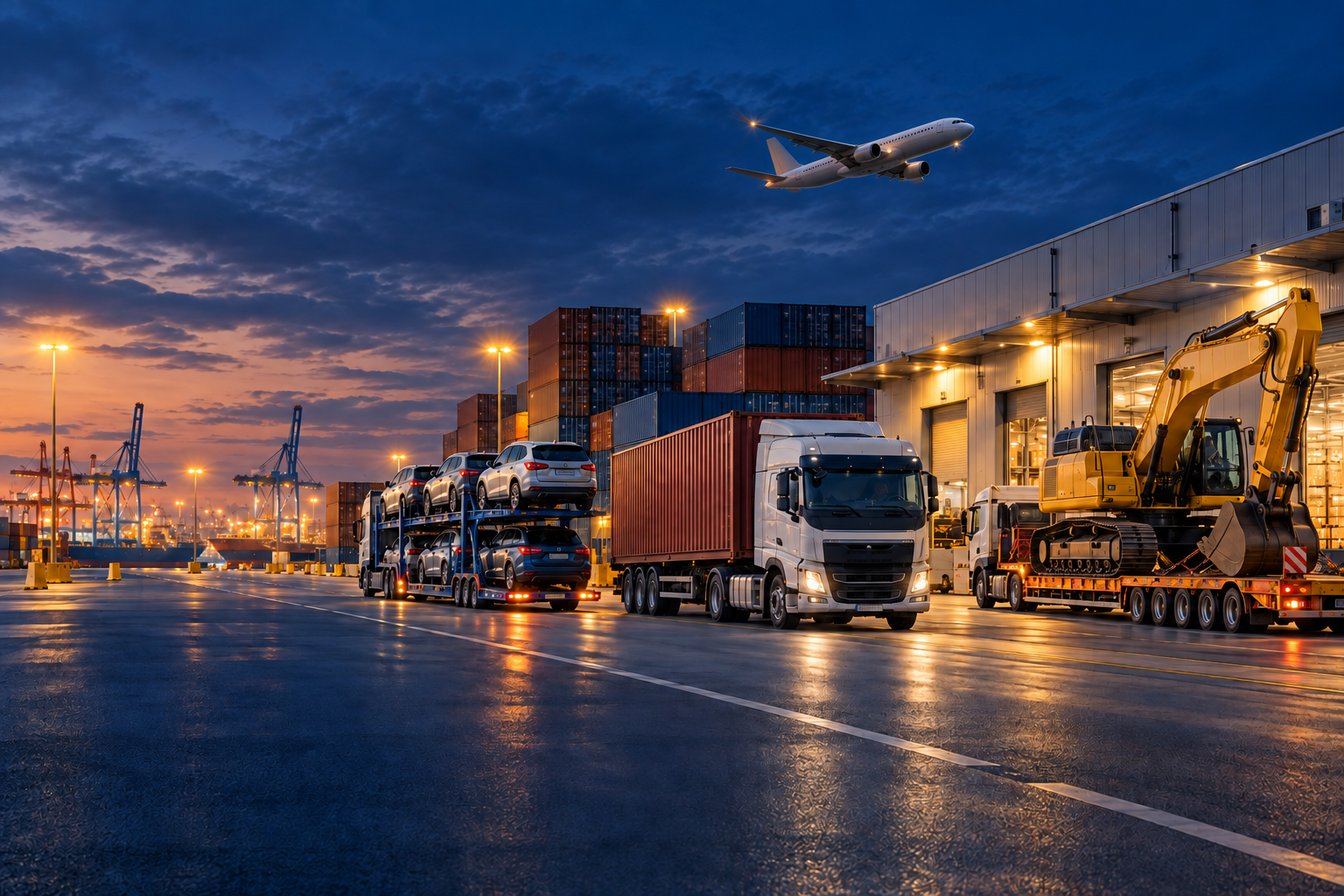 Illustrative global logistics terminal with an airplane, vehicle transport, container trucking, heavy equipment and warehouse operations